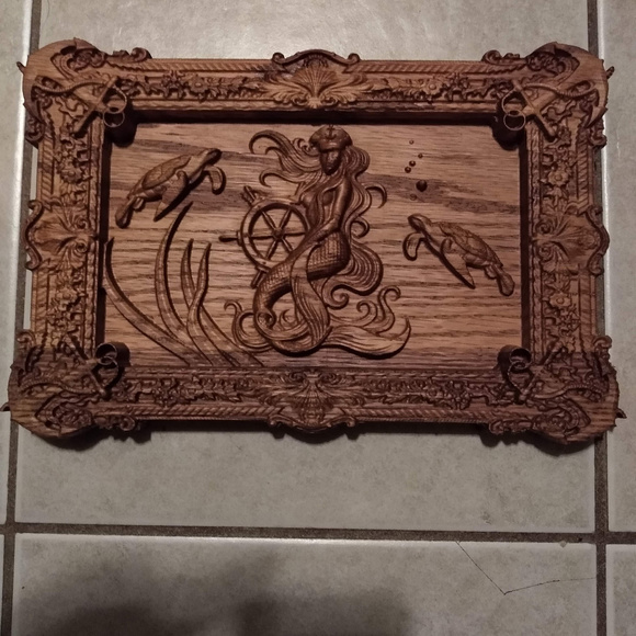 Mermaid w/ Sea turtles wood carving in OAK 12 x 8